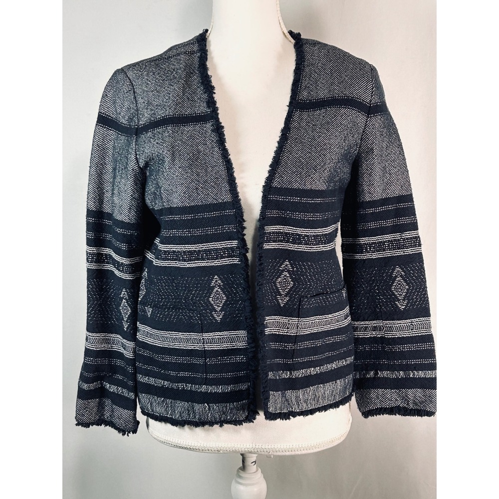 LOFT Womens Navy Blue White Geometric Striped Fringe‎ Open Front Jacket Size S